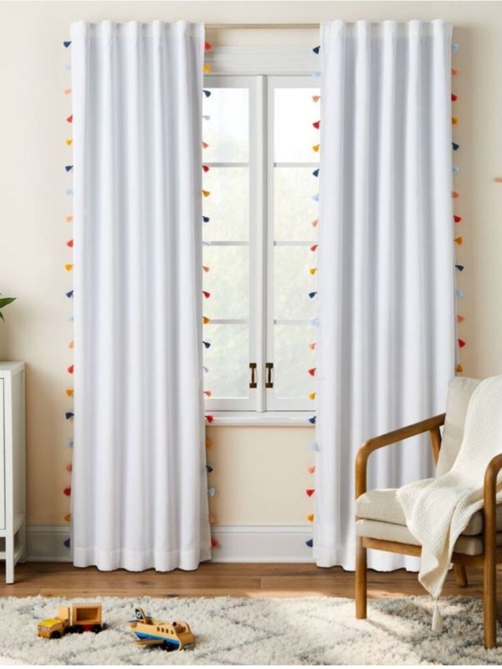 95" Blackout Multi-Color Tassel Kids' Curtain Panel White - Pillowfort NEW